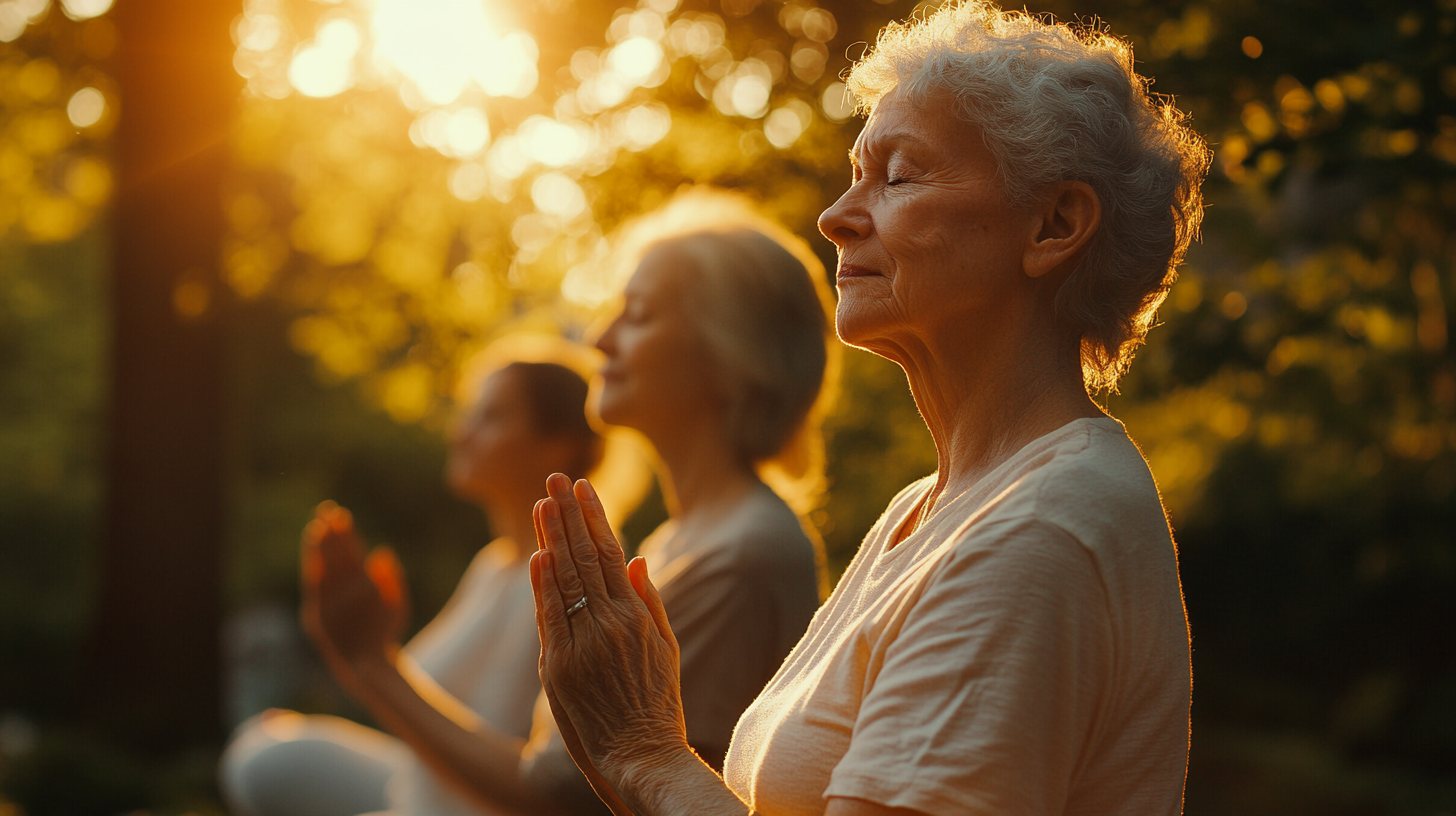 Старша жінка практикує дихальні вправи йоги на природі